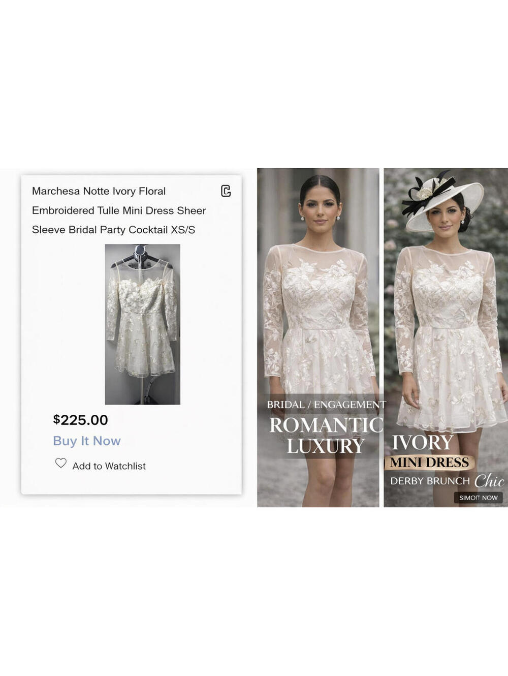 Marchesa Notte Ivory Floral Embroidered Tulle Mini Dress Sheer Sleeve Bridal Par